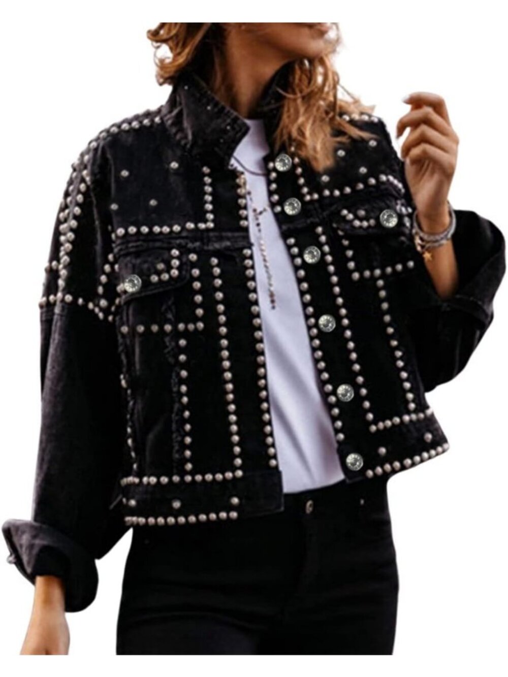 Chic White Cropped Jean Jacket for Women | Distressed Denim, Studded Rivets